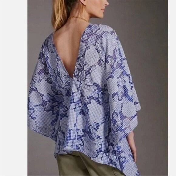 ANTHROPOLOGIE Tie Front Blue Floral Gingham Caftan One Size NEW - Picture 8 of 8